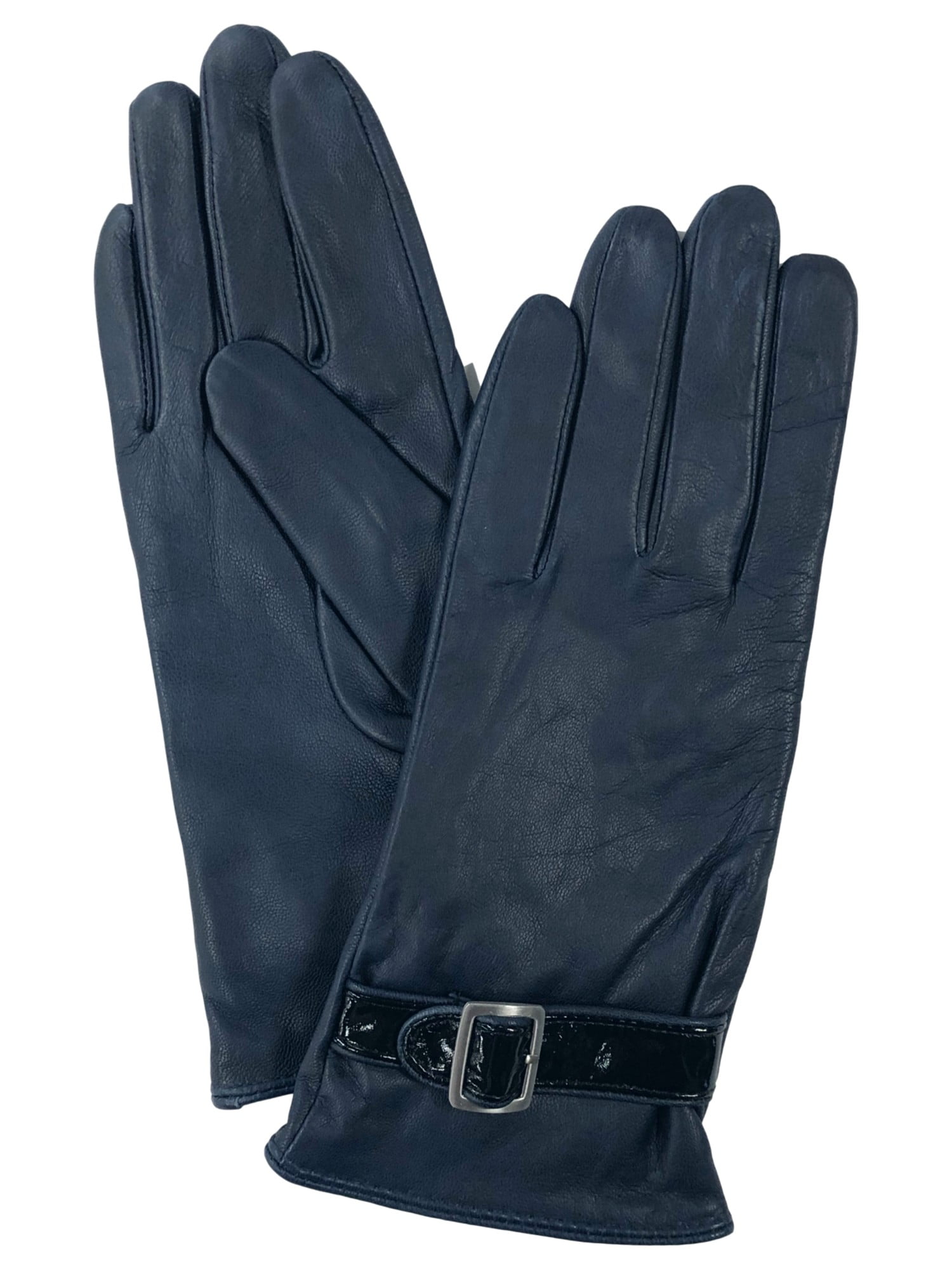 Womens Navy Blue Buckle Leather Gloves Fleece Lined Small/Medium