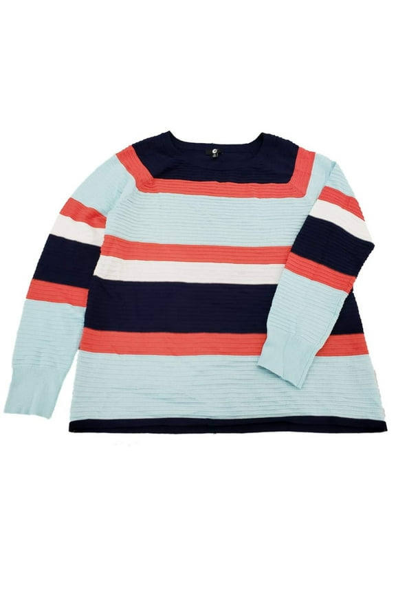 Womens Navy Blue Coral White Stripe Ribbed Dressy Stretchy Sweater Top Shirt 3X
