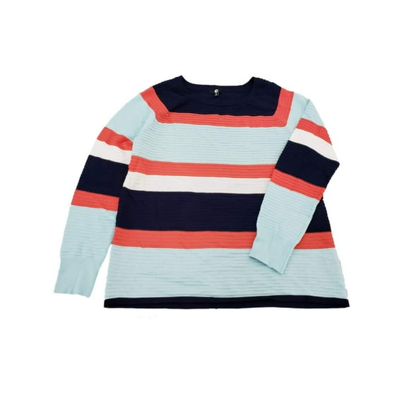 Womens Navy Blue Coral White Stripe Ribbed Dressy Stretchy Sweater Top Shirt XL