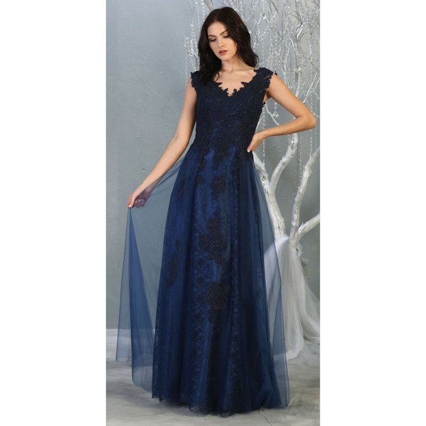 Womens Navy Blue Formal Wedding Embroidered Long V-Neck Sleeveless A-Line Plus Size Dress