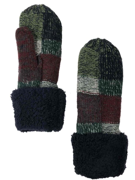 Womens Navy Blue Green & Burgundy Plaid Knit Mittens Sherpa Lined