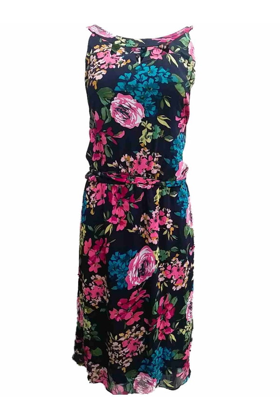 Womens Navy Blue Pink Rose Flower Floral Tank Top A-Line Dress Size 18
