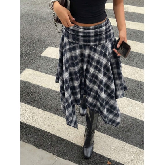 Womens Navy Blue Plaid Asymmetrical Midi Skirt With Ruched Waist And High-Low Hem
