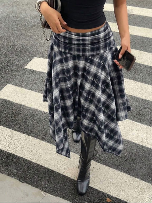 Womens Navy Blue Plaid Asymmetrical Midi Skirt With Ruched Waist And High-Low Hem
