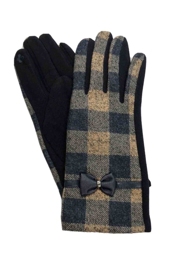 Womens Navy Blue Plaid Bow Stretch Fit Texting & Tech Touchscreen Gloves