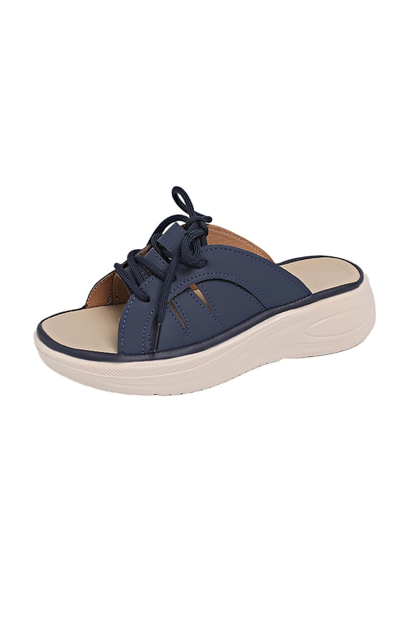 Womens Navy Blue Platform Slide Sandals with Lace Detail, Comfort Cushioned Casual Summer Mules for Everyday Walking,Size 5.5