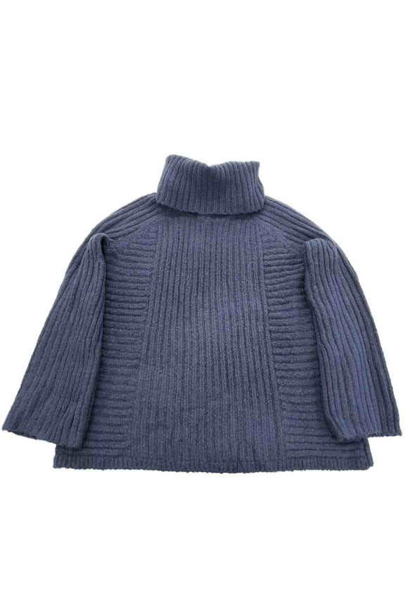 Womens Navy Blue Ribbed Cowl Neck Long Sleeve Knit Winter Sweater Top Shirt L