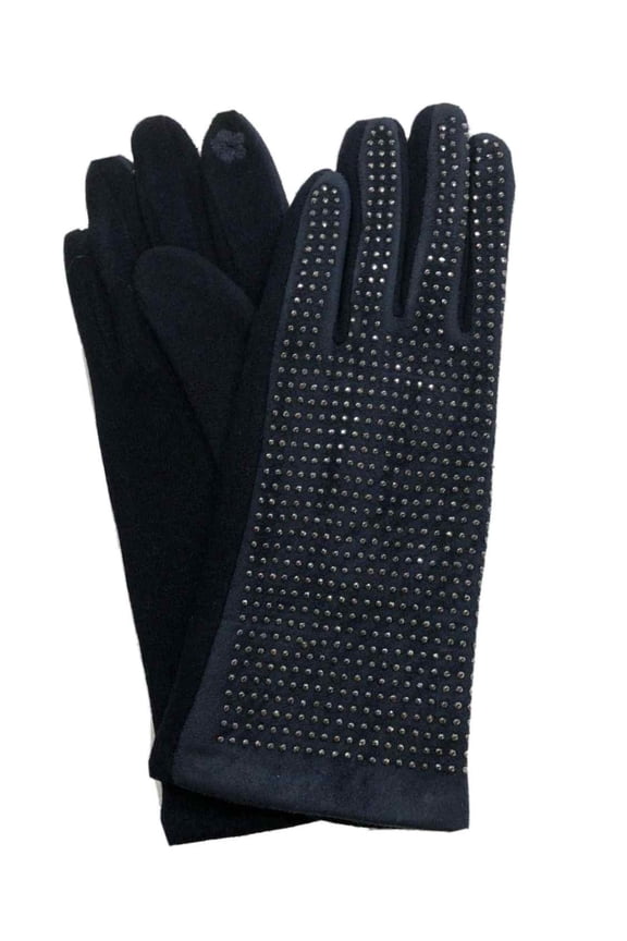 Womens Navy Blue & Silver Rhinestone Stretch Fit Texting Tech Touchscreen Gloves