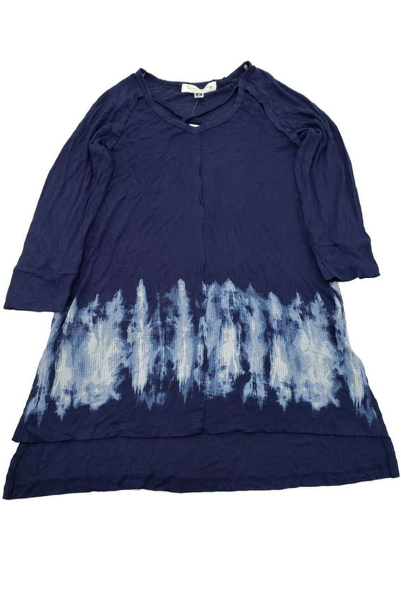 Womens Navy Blue Tie Dye Ribbed Long Sleeve Long Tunic Shirt Top Blouse S