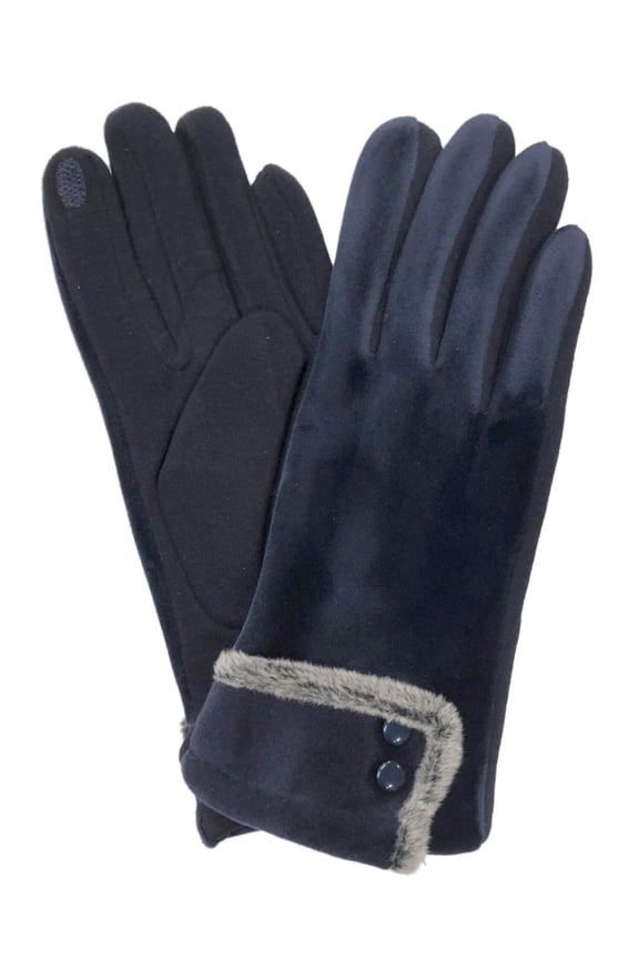 Womens Navy Blue Velvet Button Stretch Fit Text & Tech Touchscreen Gloves