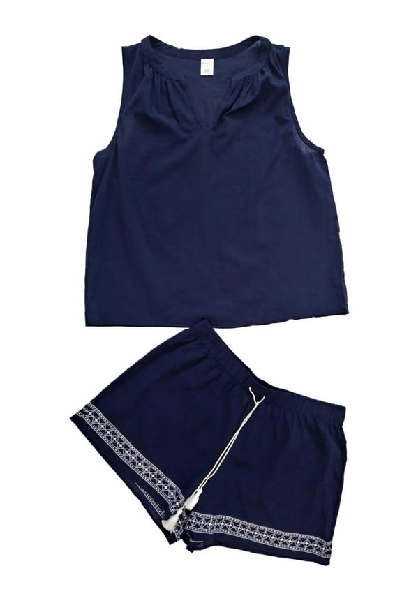 Womens Navy Blue White Embroidered Tribal Accent Pajamas Shorts Sleep Set