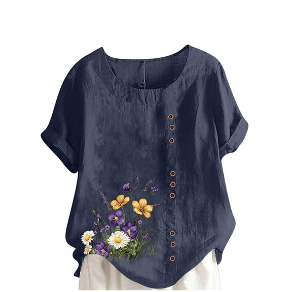 Womens Navy Floral Blouse | Plus Size Loose Fit Top | Short Sleeve Scoop Neck Casual Tunic | Machine Washable,Size M