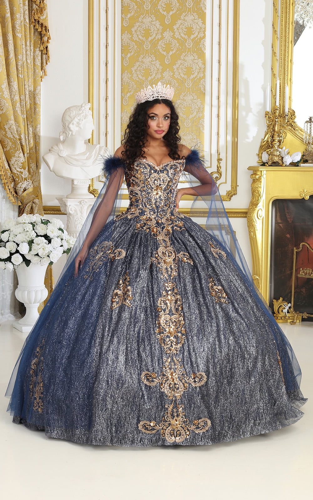 Gold Sweet 16 Navy Blue Dresses Navy Blue Shiny Quinceanera Dress