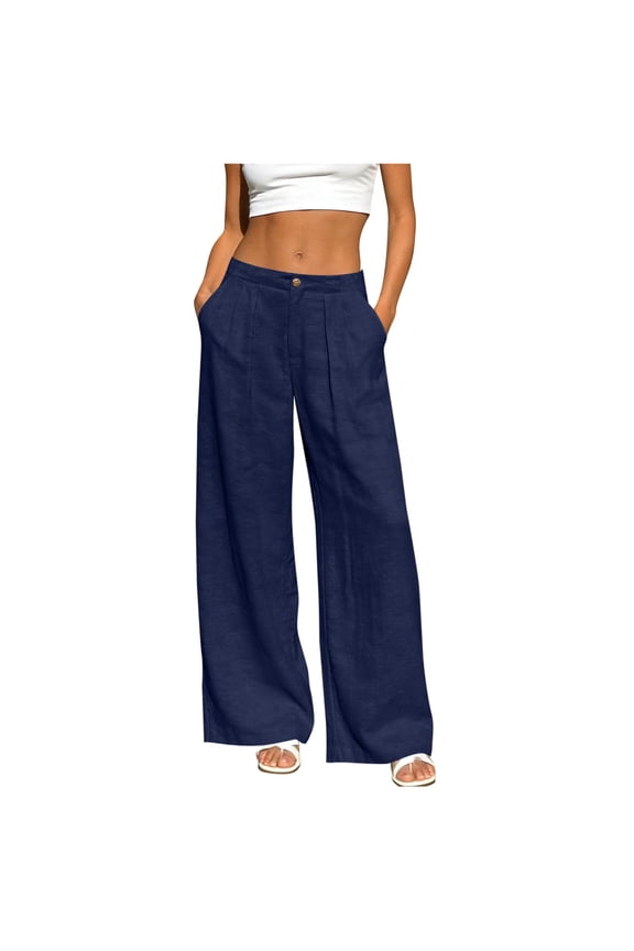 Womens Navy High Waisted Wide Leg Pants 100% Cotton Casual Boho Summer Beach Vacation Trousers with Pockets Plus Size,Size XL