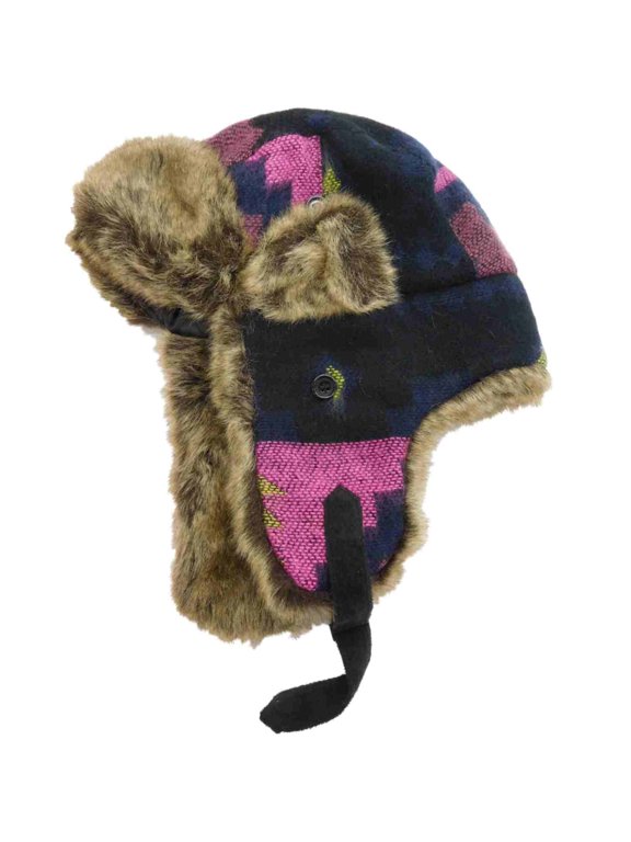 Womens Navy Lilac Magenta & Faux Fur Tribal Print Trapper Hat