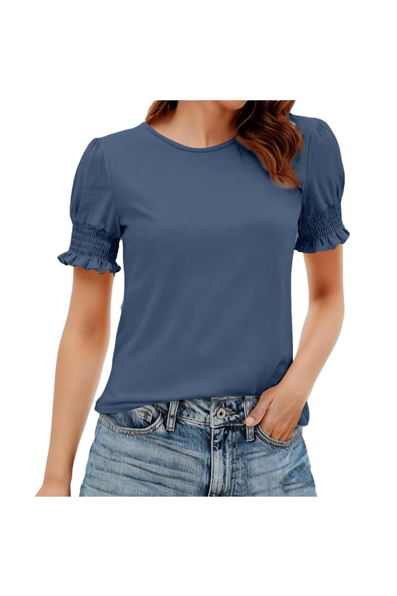 Womens Navy Puff Sleeve Blouse, Stretchy Casual Top with Smocked Cuff for Everyday Wear, Soft Short Sleeve Shirt,Size 2XL