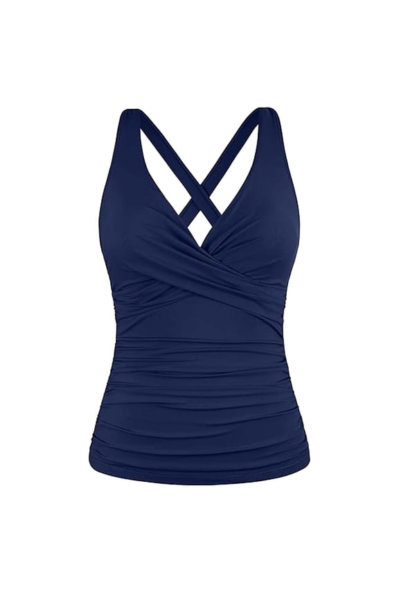 Womens Navy Tankini Top with Ruching & Cross Back, Tummy Control Swimwear, Quick Dry Swimsuit Top as Crop Top,Size M