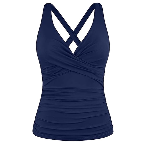Womens Navy Tankini Top with Ruching & Cross Back, Tummy Control Swimwear, Quick Dry Swimsuit Top as Crop Top,Size S