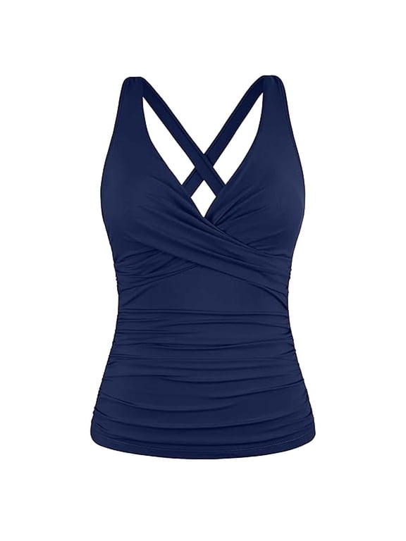 Womens Navy Tankini Top with Ruching & Cross Back, Tummy Control Swimwear, Quick Dry Swimsuit Top as Crop Top,Size XL