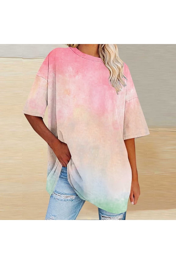 Womens Navy Tie Dye Tunic Top, Oversized Half Sleeve Shirt, Soft Stretchy Ombre Blouse, Relaxed Fit Casual Tunic,Size 3XL