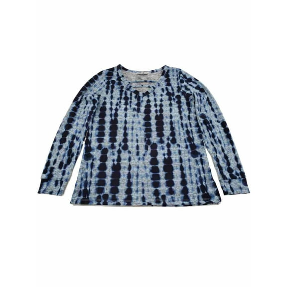 Womens Navy and Light Blue Tie Dye Print V Neck Long Sleeve Shirt Top Sweater 2X