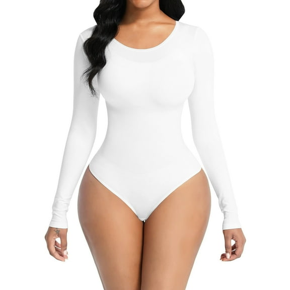 Womens Neck Long Sleeve Bodysuit Shapewear Tummy-Control Seamless Thong Jumpsuits Double Lined Slimming Bodycon Top