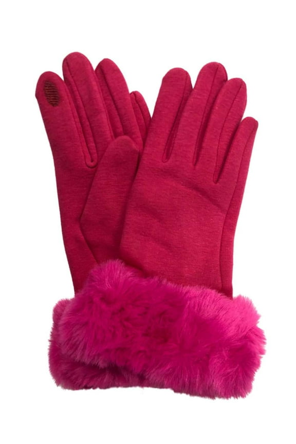 Womens Neon Fuchsia Pink Faux Fur Stretch Fit Texting & Tech Touchscreen Gloves