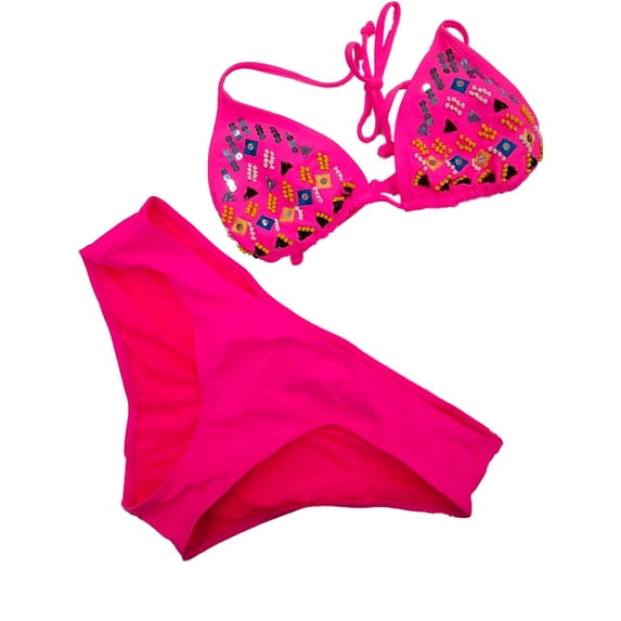 Womens Neon Hot Pink Beaded Tribal Print 2 Piece Swimming Suit Bikini ...