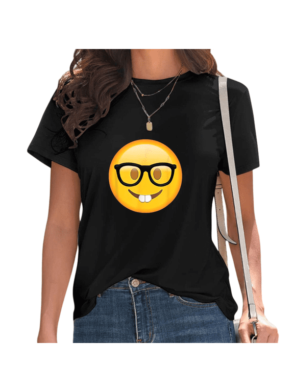 Womens Nerd Emoji Print Tshirt Graphic Tees Shirts Black Funny Casual Daily Wear Gift Tops S-5XL