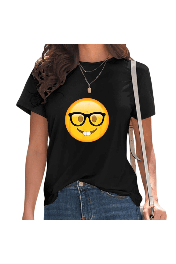 Womens Nerd Emoji Print Tshirt Graphic Tees Shirts Black Funny Casual Daily Wear Gift Tops S-5XL