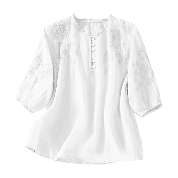 Womens New Cotton And Art Loose Embroidered Shirt Top Tshirt Women's Basic Shirt - Comfortable Everyday Tee