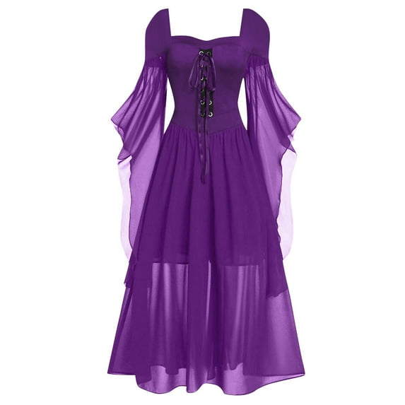Womens New Gothic Clothes Mesh Lace Big Gothic Dresses for Women plus Size Swing Dress Solid Black Gothic Dress Long Color Long Dress Lolita Clothes Gothic Solid Party Dr