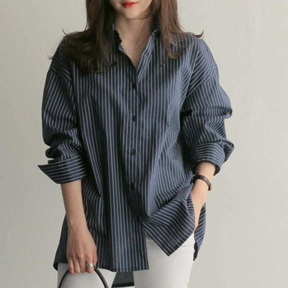 Womens New Mid-Length Striped Shirt Stylish Loose Long-Sleeved Top Blue XXL YIWEI