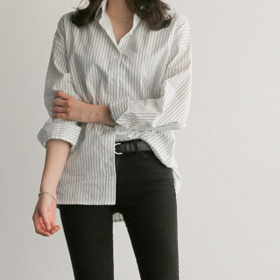 Womens New Mid-Length Striped Shirt Stylish Loose Long-Sleeved Top White S YIWEI