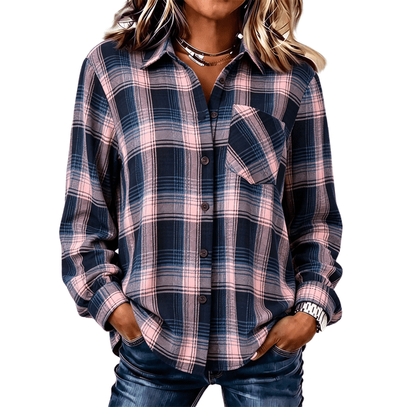 Womens New Shirts Long Sleeve Button Down Casual Fall Plaid Top, 3XL