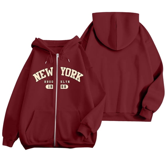 Womens New York Brooklyn Graphic Zip Up Hoodie Long Sleeve Hooded Sweatshirt with Front Pocket for Winter Casual Pullover Tops