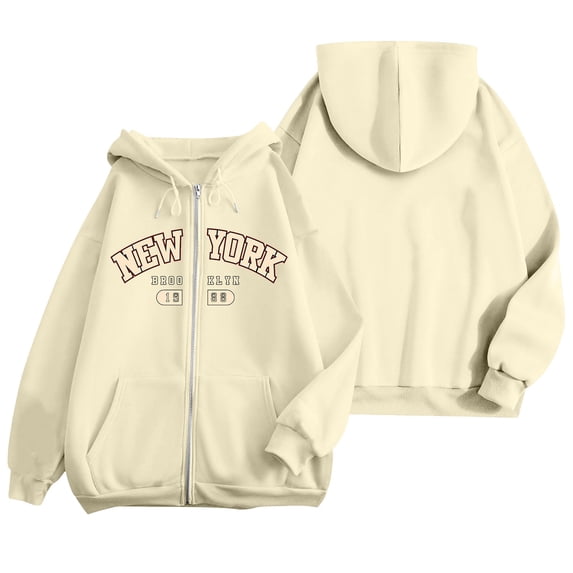 Womens New York Brooklyn Graphic Zip Up Hoodie Long Sleeve Hooded Sweatshirt with Front Pocket for Winter Casual Pullover Tops