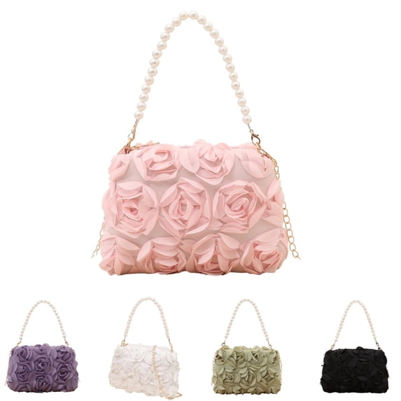 Womens Night Out Formal Handbag, Lace 3D Rose Floral Clutch Purse Convertible Crossbody Shoulder Bag with Detachable Chain for Wedding Prom,Pink