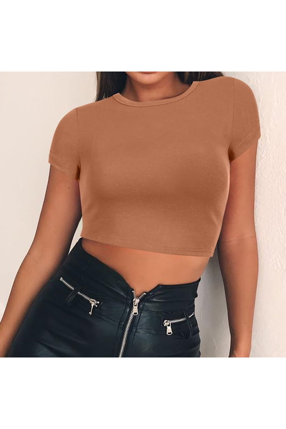 Womens Night Out Tops, Evening Night Out Round Neck Short Sleeve Slim Fitted Crop Top Bodycon Exposed Waist Casual Party Tees, Brown S