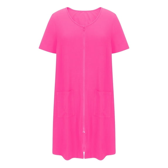 Womens Nightdress New Women Zipper Front House Coat Short Sleeves Robe Bathrobes Lightweight Knee Length Short House Dress Pinky XXL