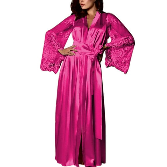 Womens Nightdress Sexy Long Polyester Lingerie Nightwear Bath Robe Gown Imitation Ice Silk Nightdress Solid Color Nightgown Thin (Hot Pink,L)