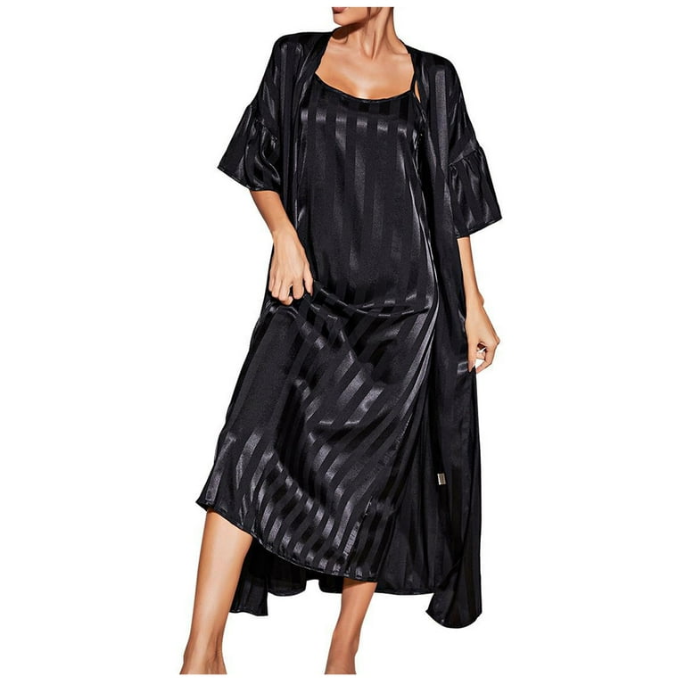 Womens Nightdresses Satin Silk Long Nightgowns Two Pieces Pyjama