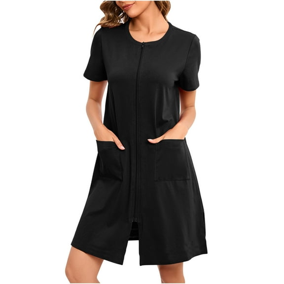 Womens Nightgown New Women Zipper Front House Coat Short Sleeves Nightgown Bathrobes Lightweight Knee Length Short Sleepdress Black L