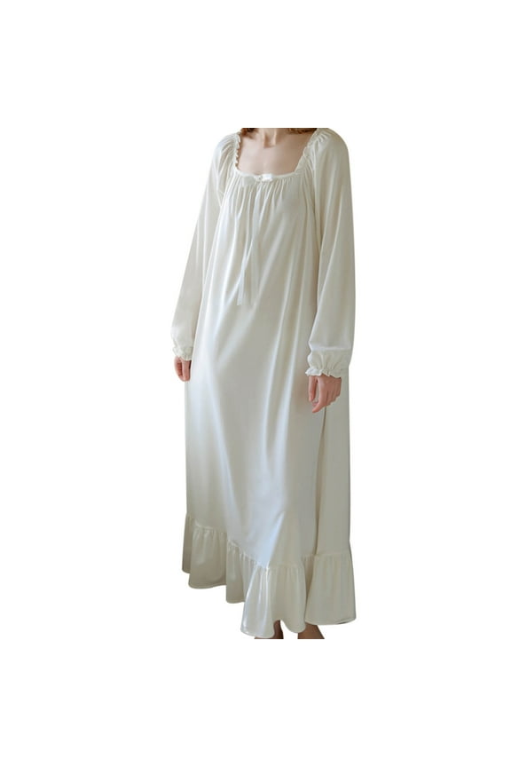 Womens Nightgown Crew Neck White Loose Lightweight Long Sleeve Rushed Floor-Length Lounger Sleepgown Casual Daily Housecoat