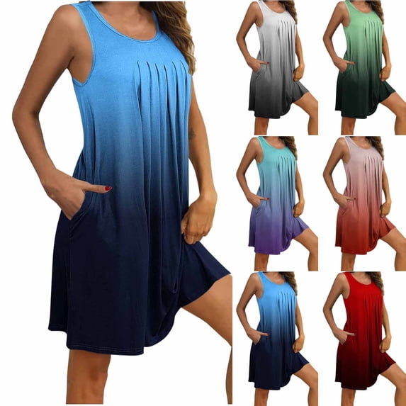 Womens Nightgown Fashion Gardient Print Pleated Sleep Dress with Pockets Casual Sleeveless Tank Night Dress S
