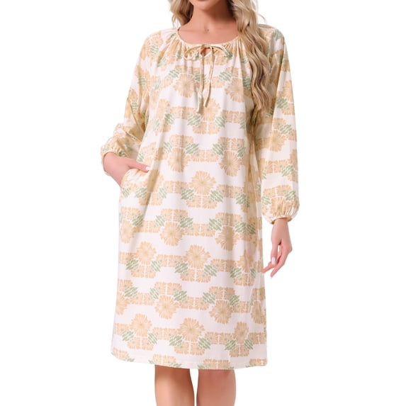 Womens Nightgown Floral Long Sleeve Pleated Raglan Sleeve Elastic Cuff Midi with Pocket Sleepwear Nightdress S Yellow