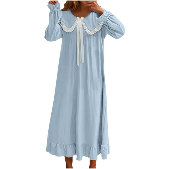 Womens Nightgown Lace Peter Pan Collar Bow Long Sleeve Plus Size Nightdress Casual Loose Fall Winter Home Wear (3XL, Blue)