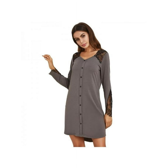 Womens Nightgown Long Lace Sleeve Nightshirt V-neck Night Dress Button Down Pajamas for women Girls Thigh Length Loungewear Comfy Sleepwear Summer Sexy Pajama Dress Nightwear XS-XL