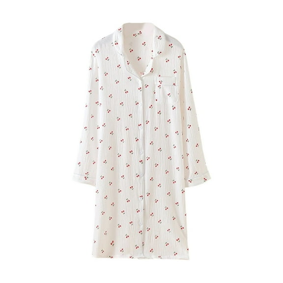 Womens Nightgown Long Sleeve Button Front Cotton Gauze Sleep Dress Loungewear Spring White