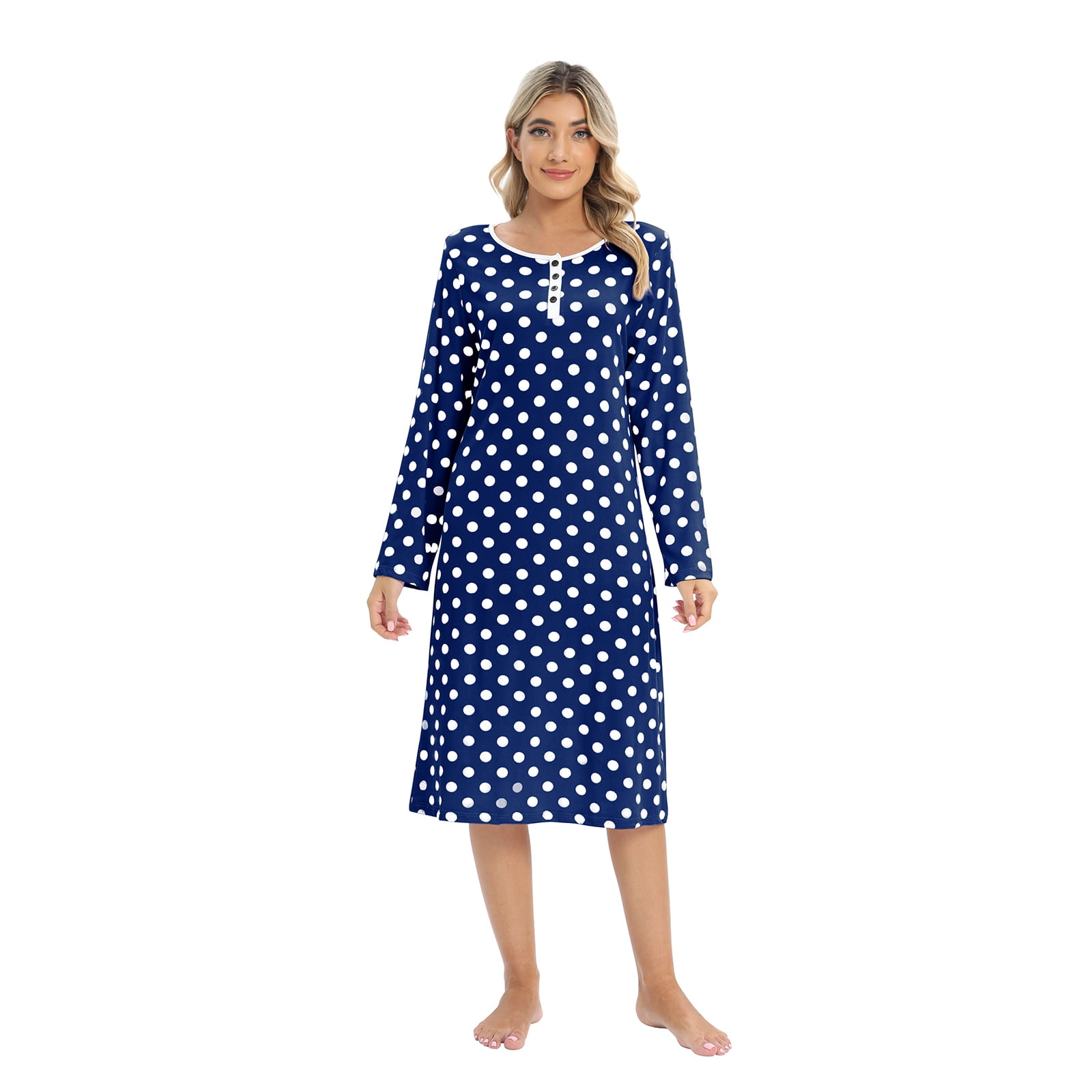 Womens Nightgown Long Sleeve Soft Sleepwear Henley Neck Button Down Nightdress Retro Polka Dot